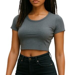 Streetwear Society Fitted Crop Grey T-Shirt Short Sleeve Micro Ribbed Stretch S